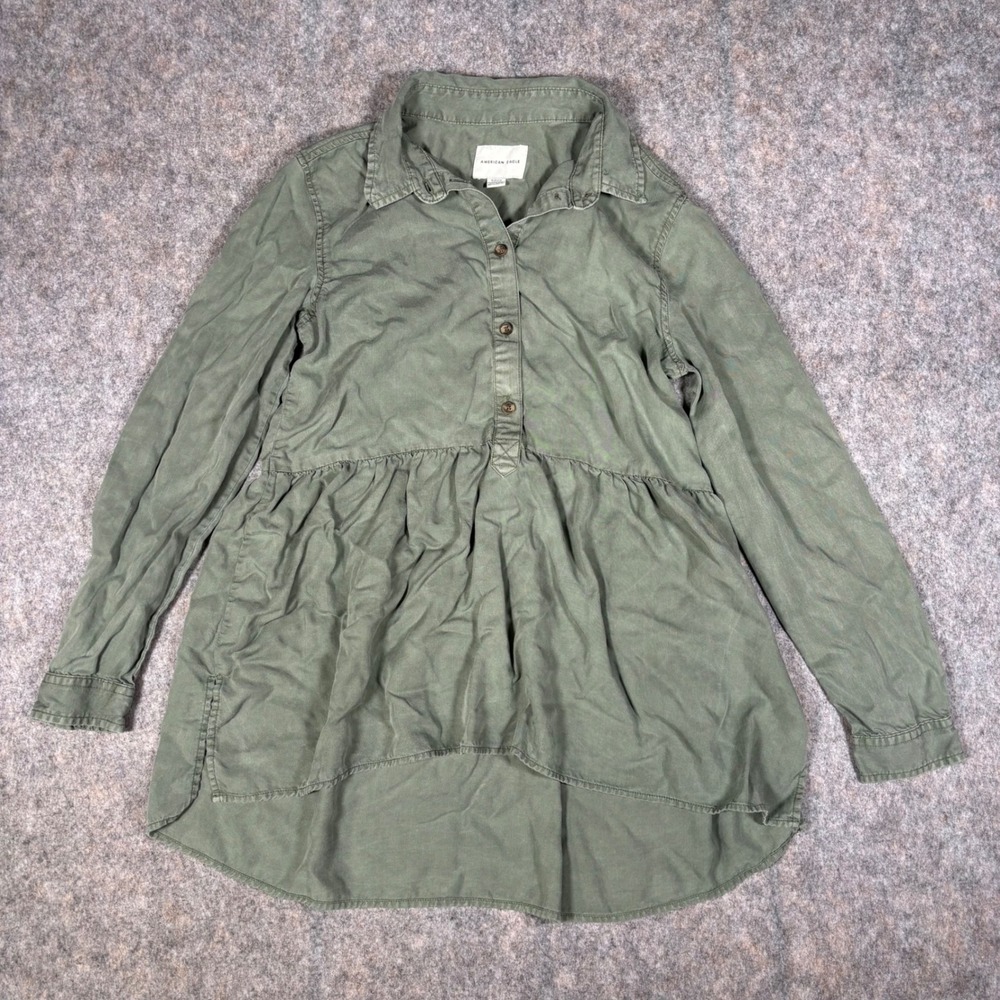 American Eagle Peplum Top Womens Small Green Lyocell High Low Boho Safari Earthy